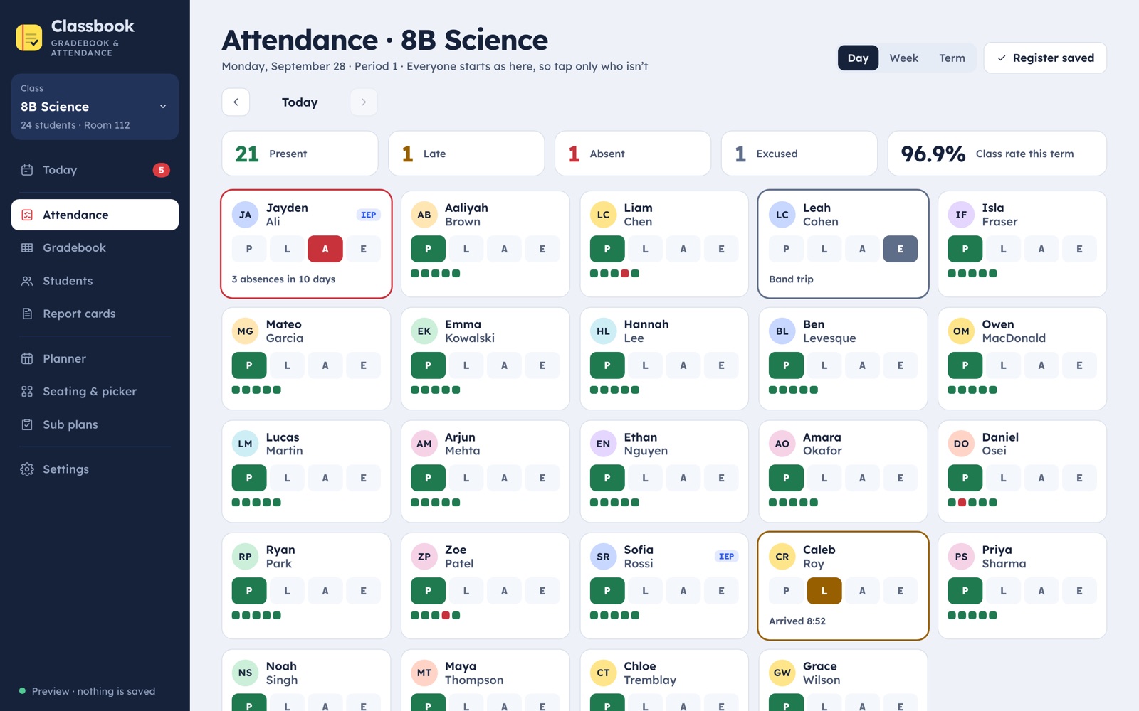 Attendance: a tile for each student with P, L, A and E buttons