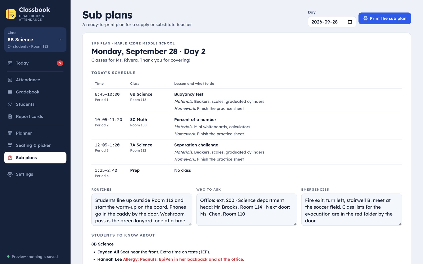 A printable sub plan built from the timetable